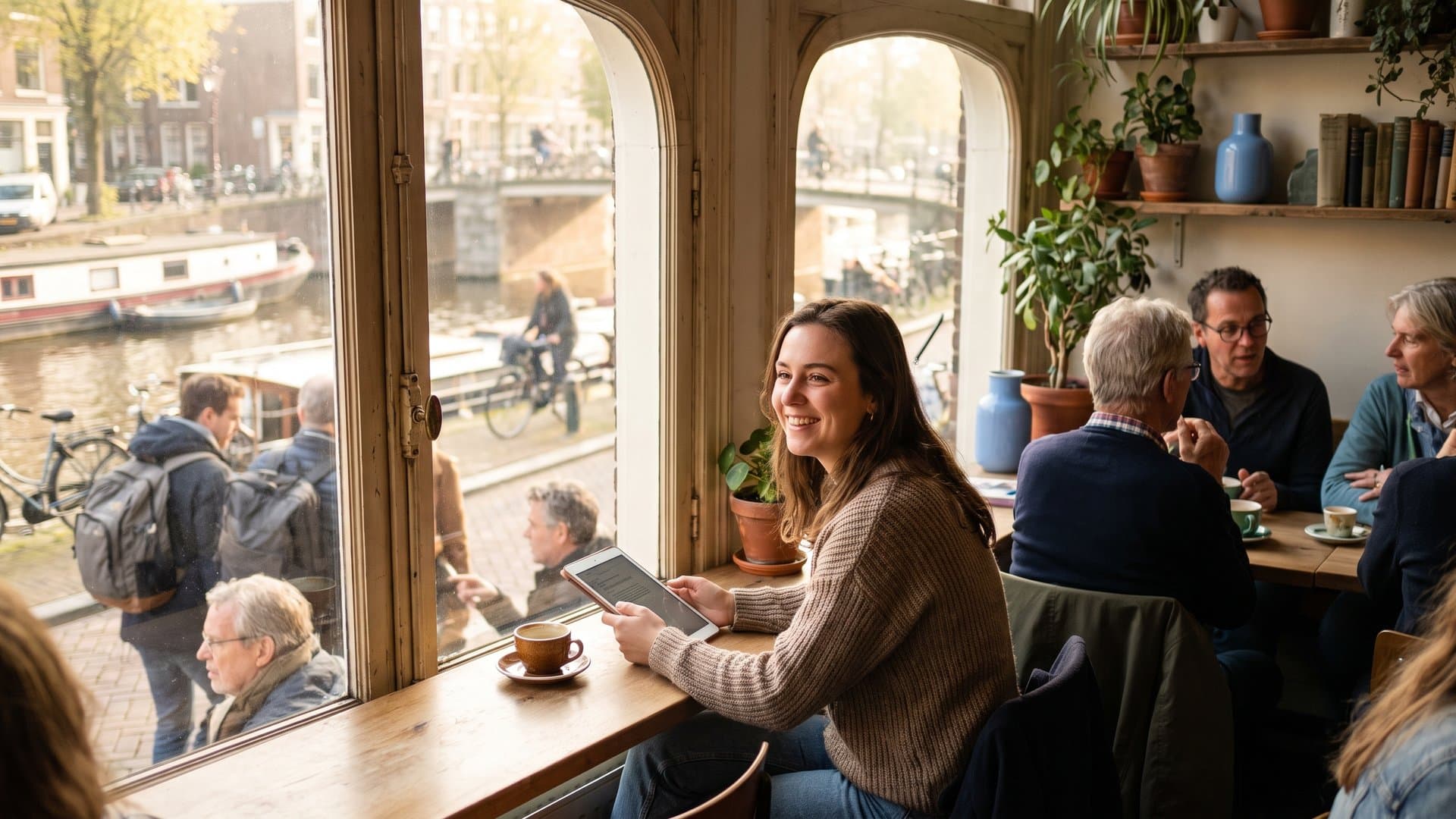 A woman reading an article on a tablet in a cosy café