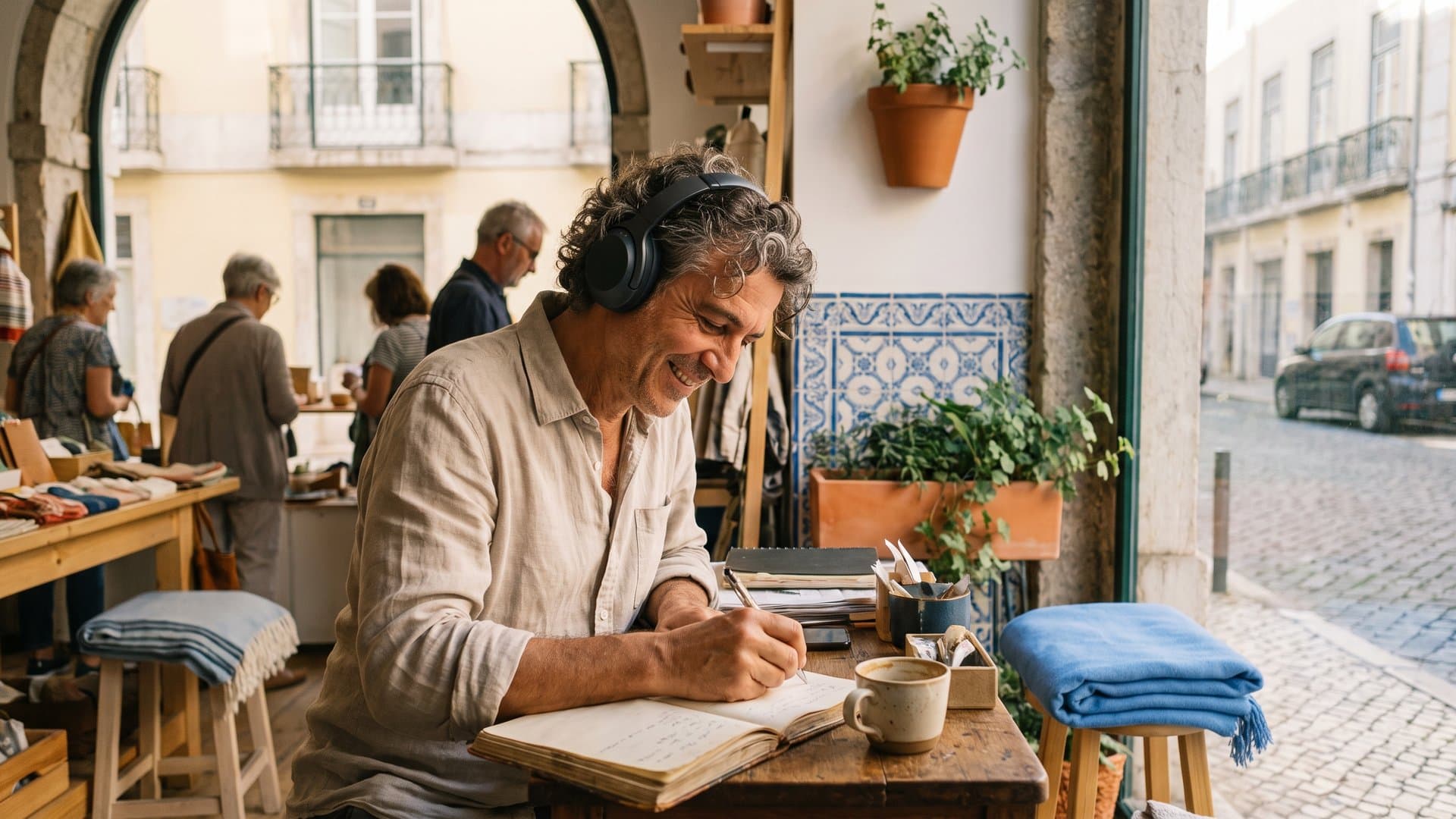 A shop owner listening to a call with headphones and taking notes