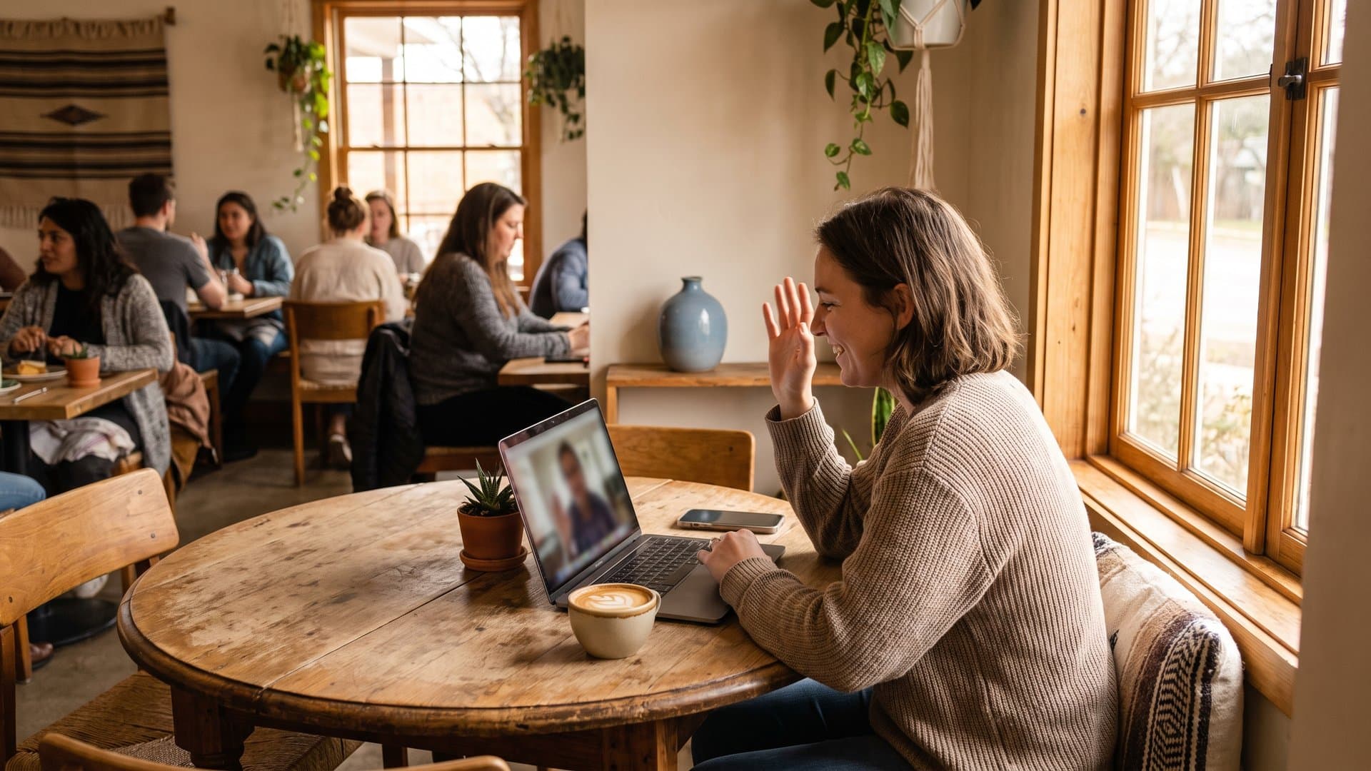 A cosy window table with a laptop, a phone and a coffee cup