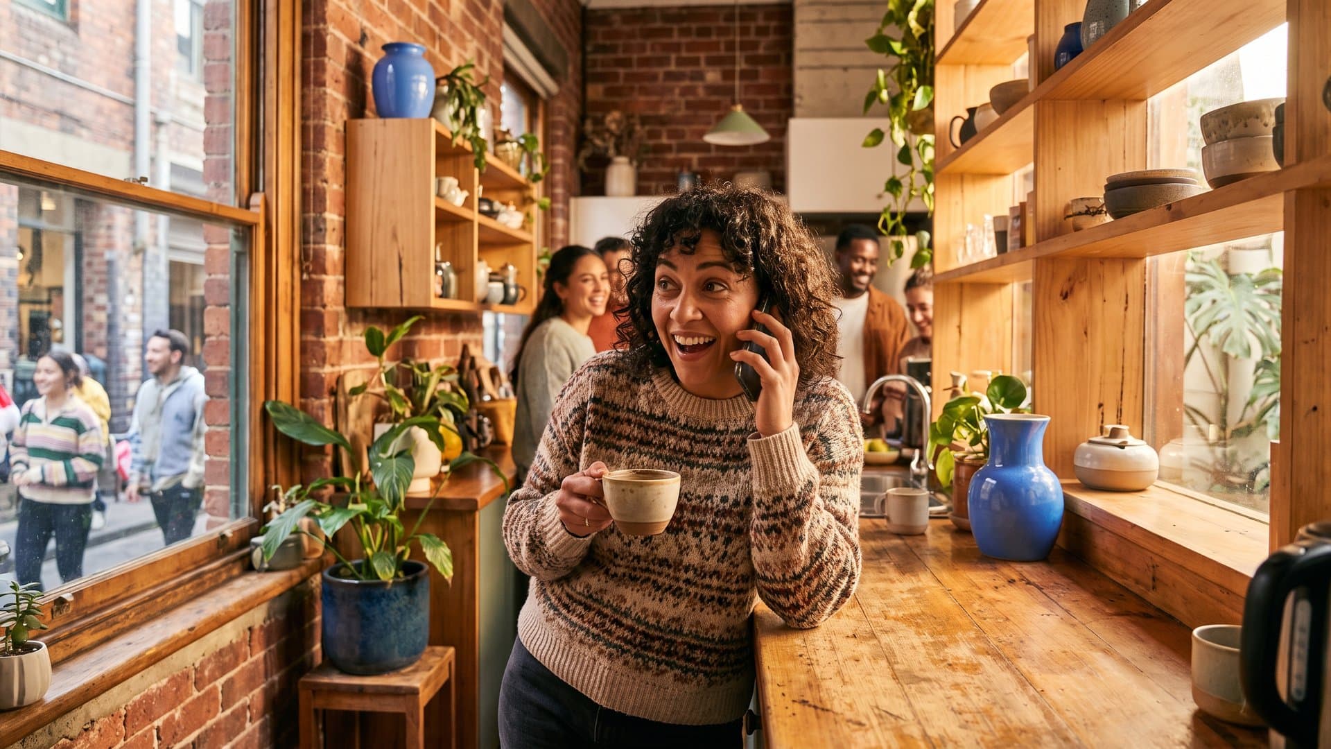 A woman at home delighted by a phone call