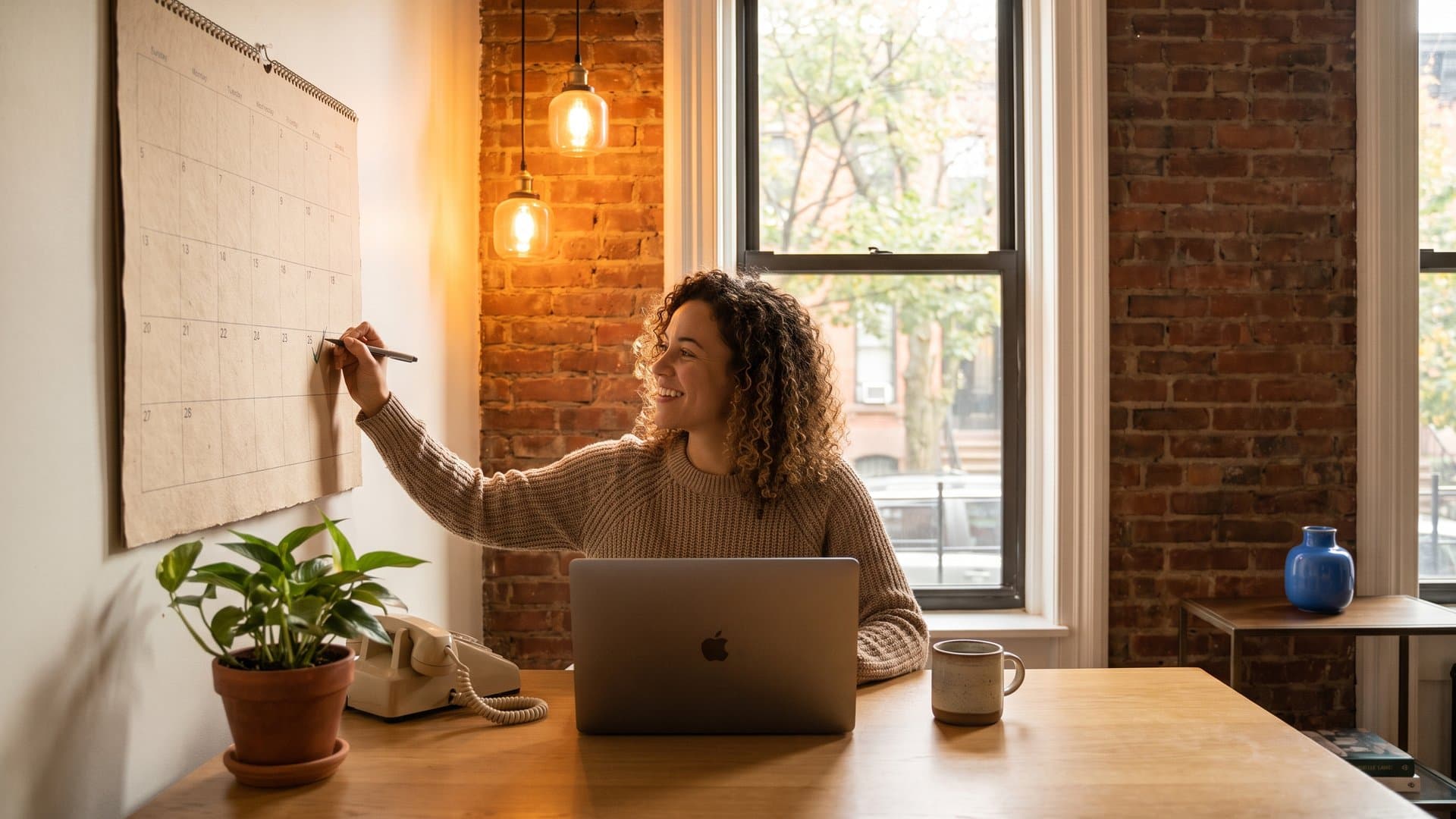A tidy small office with a laptop, a wall calendar and a phone