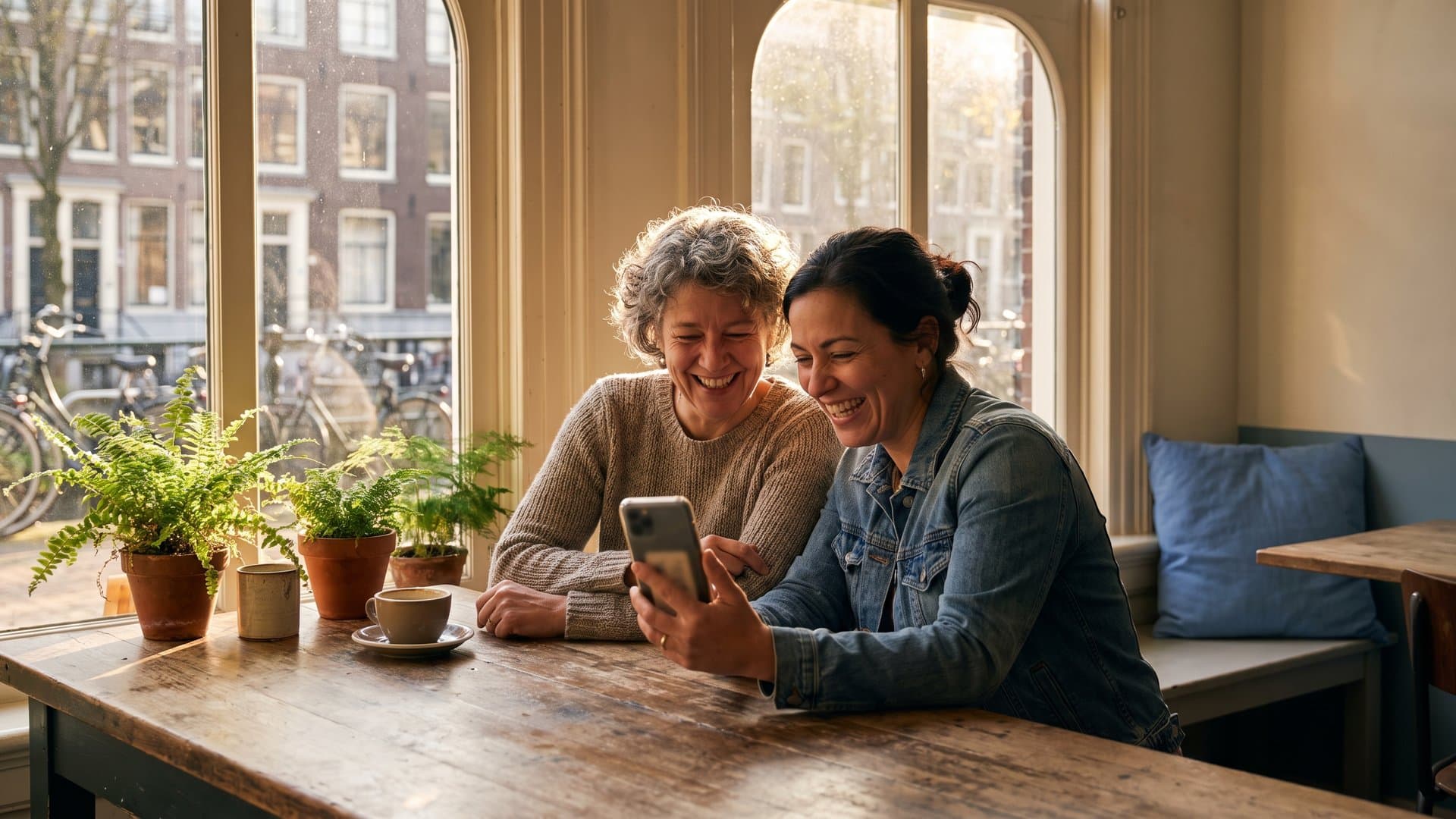 Two local business owners chatting over coffee
