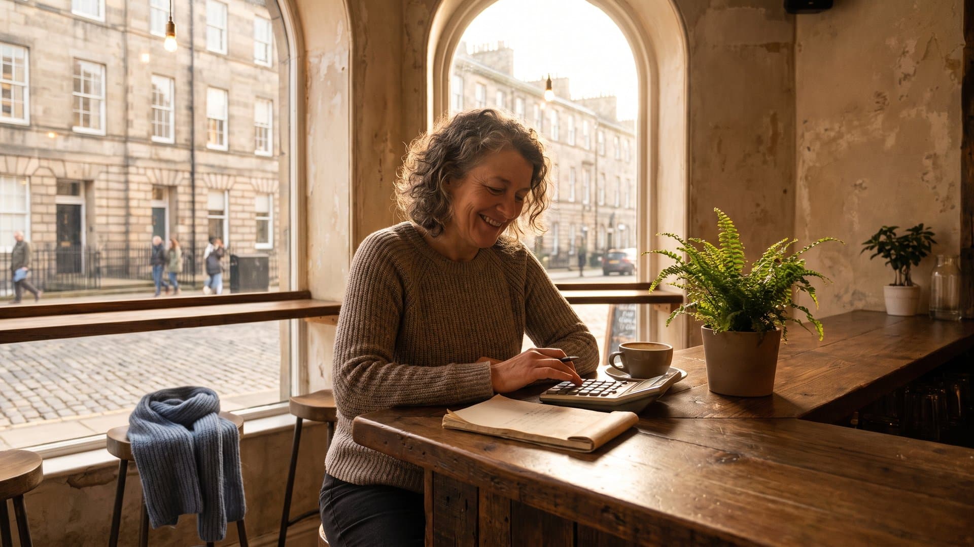 A restaurant owner doing quick sums at the bar counter