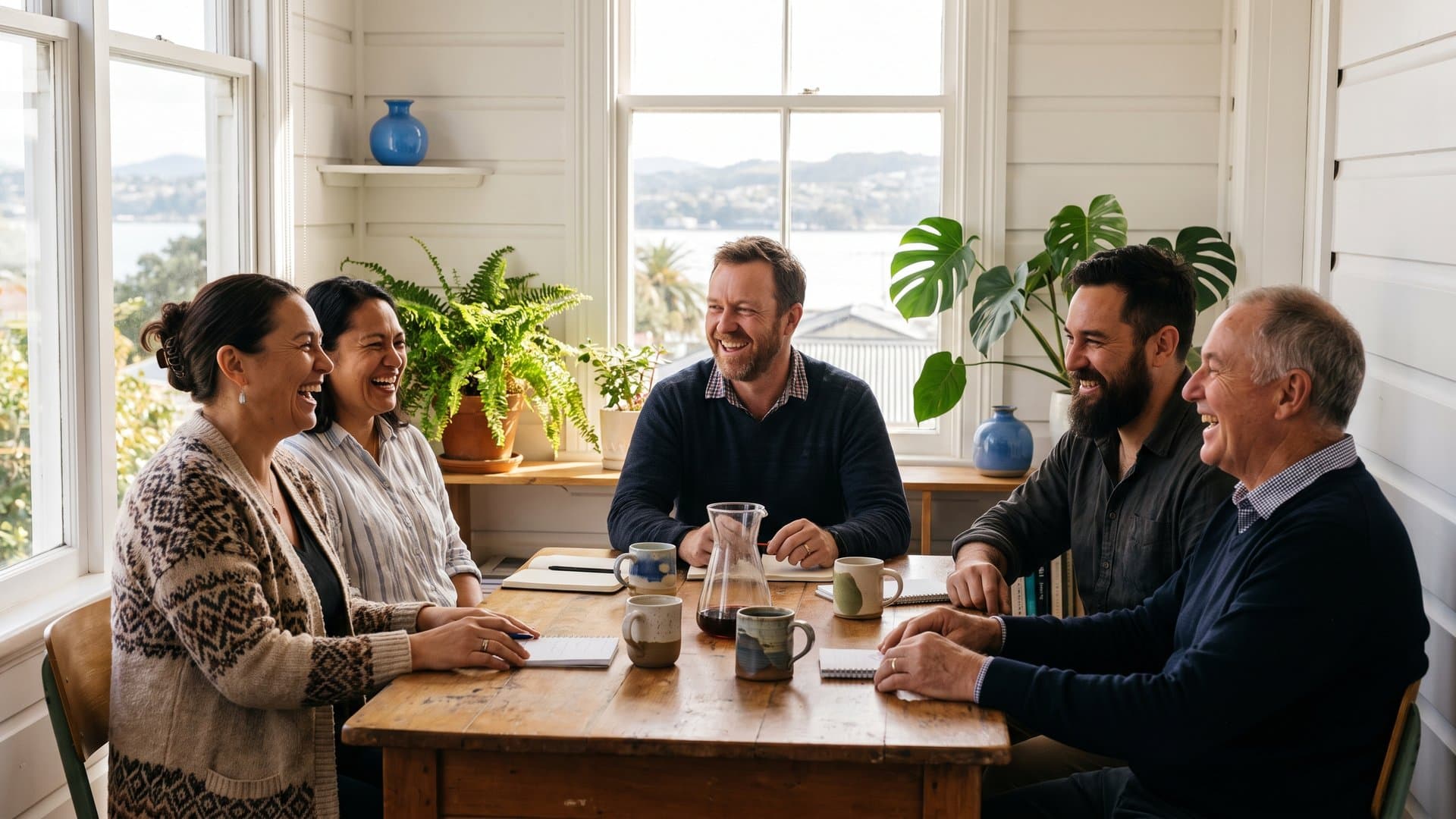A friendly team laughing together in a bright office