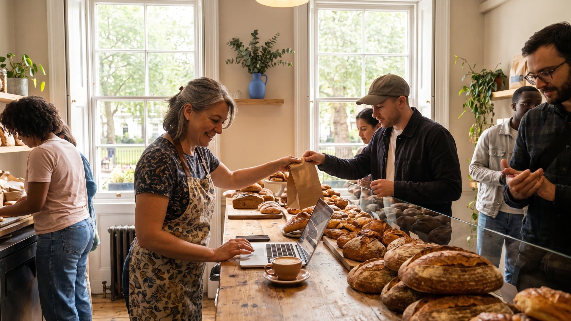 A bakery owner glancing at a laptop while serving a customer