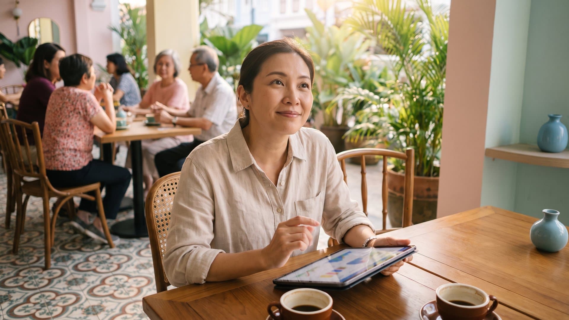A business owner comparing options on a tablet in a café