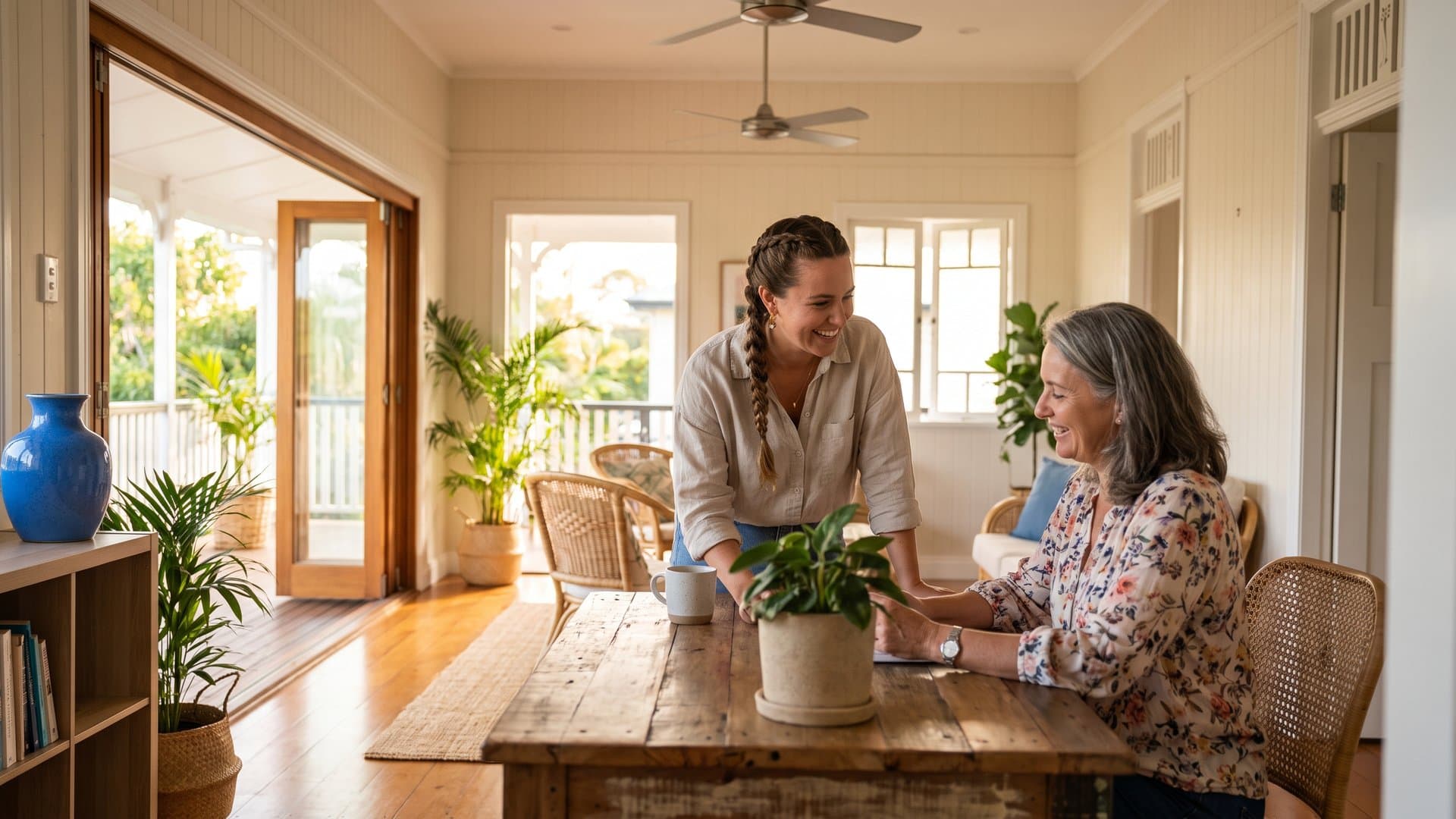 A receptionist answering a customer's question across a wooden desk