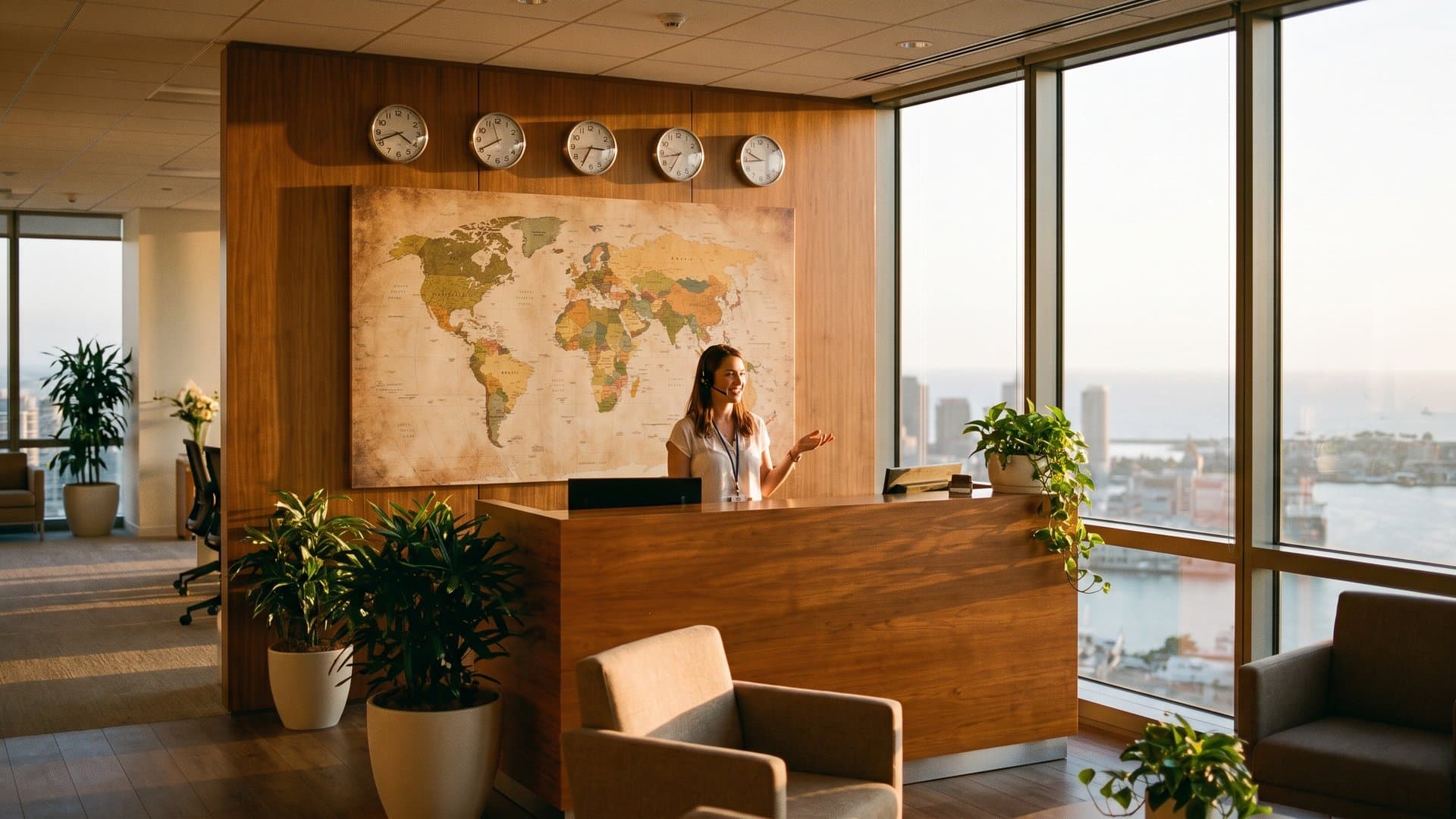 A friendly receptionist at a reception desk in front of a world map and clocks showing different time zones, with a harbour city view at golden hour