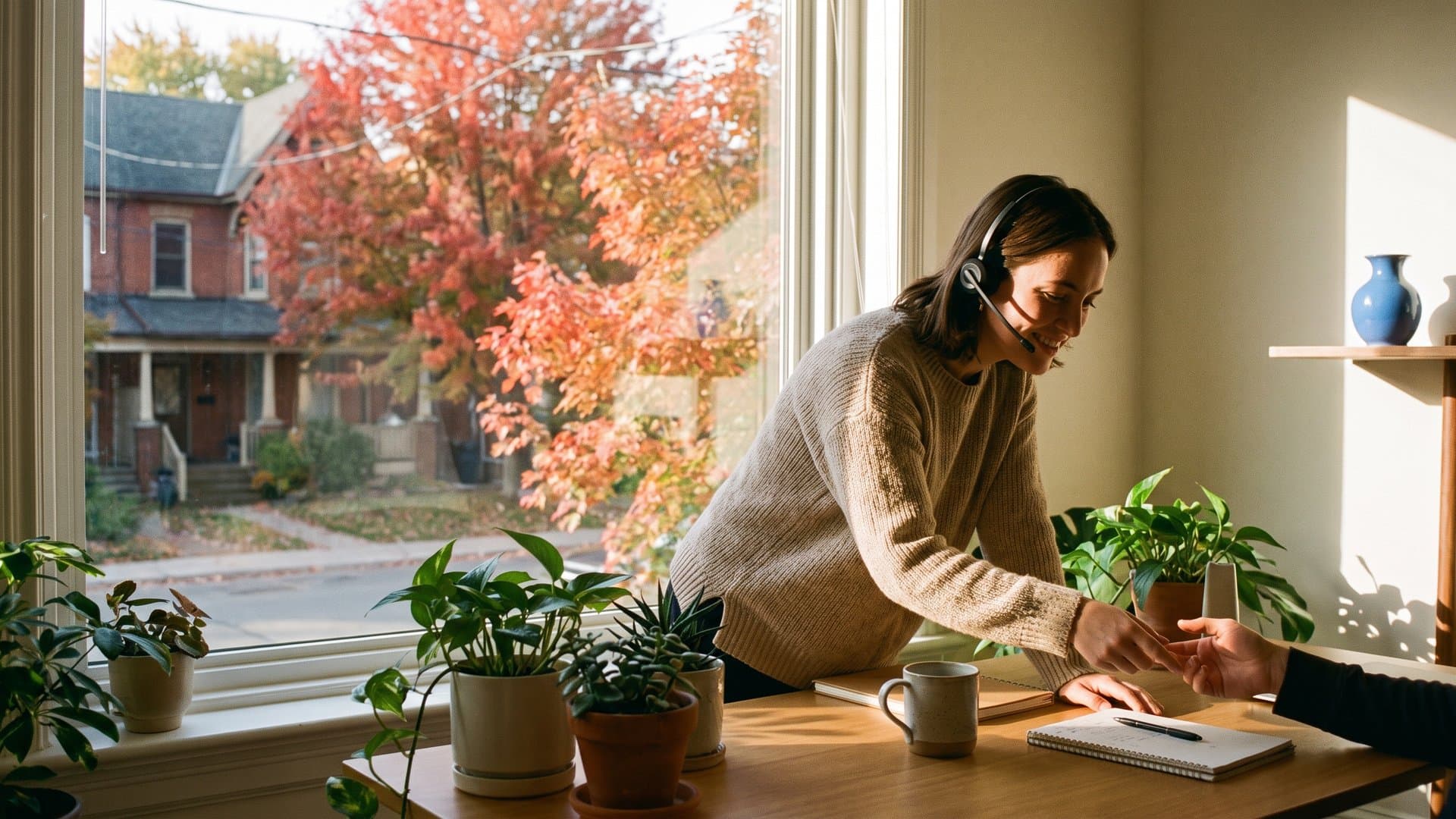 A friendly support person with a headset helping a customer