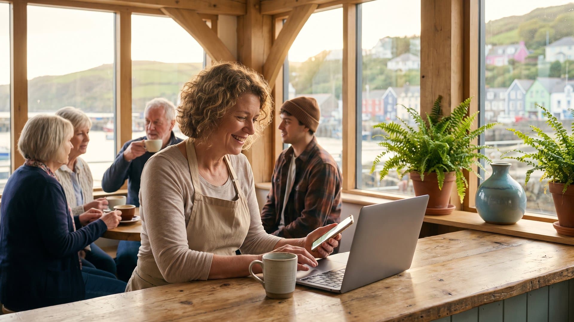 A café owner setting up on a laptop while her phone lights up