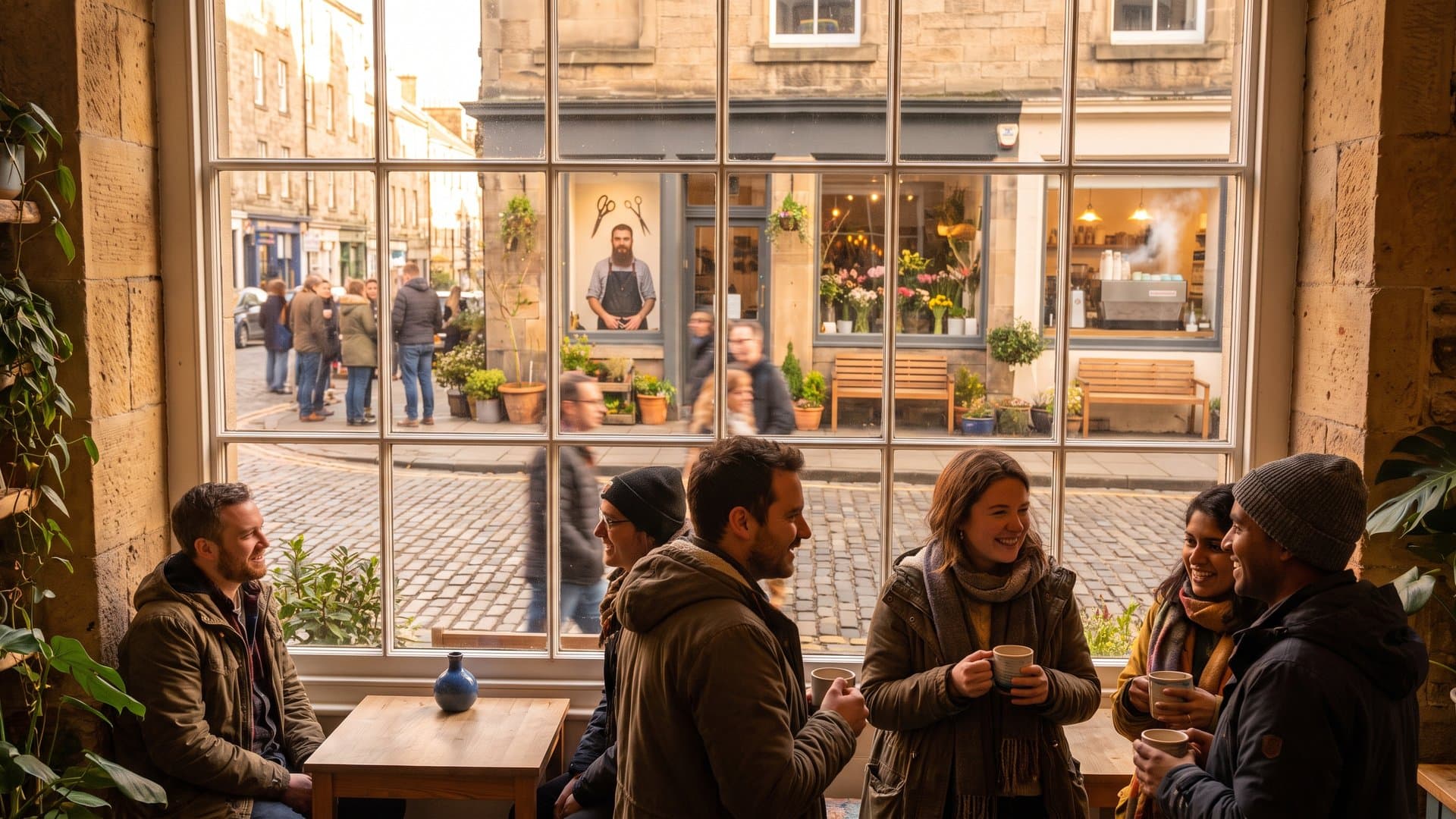 A lively neighbourhood street of independent shops at golden hour