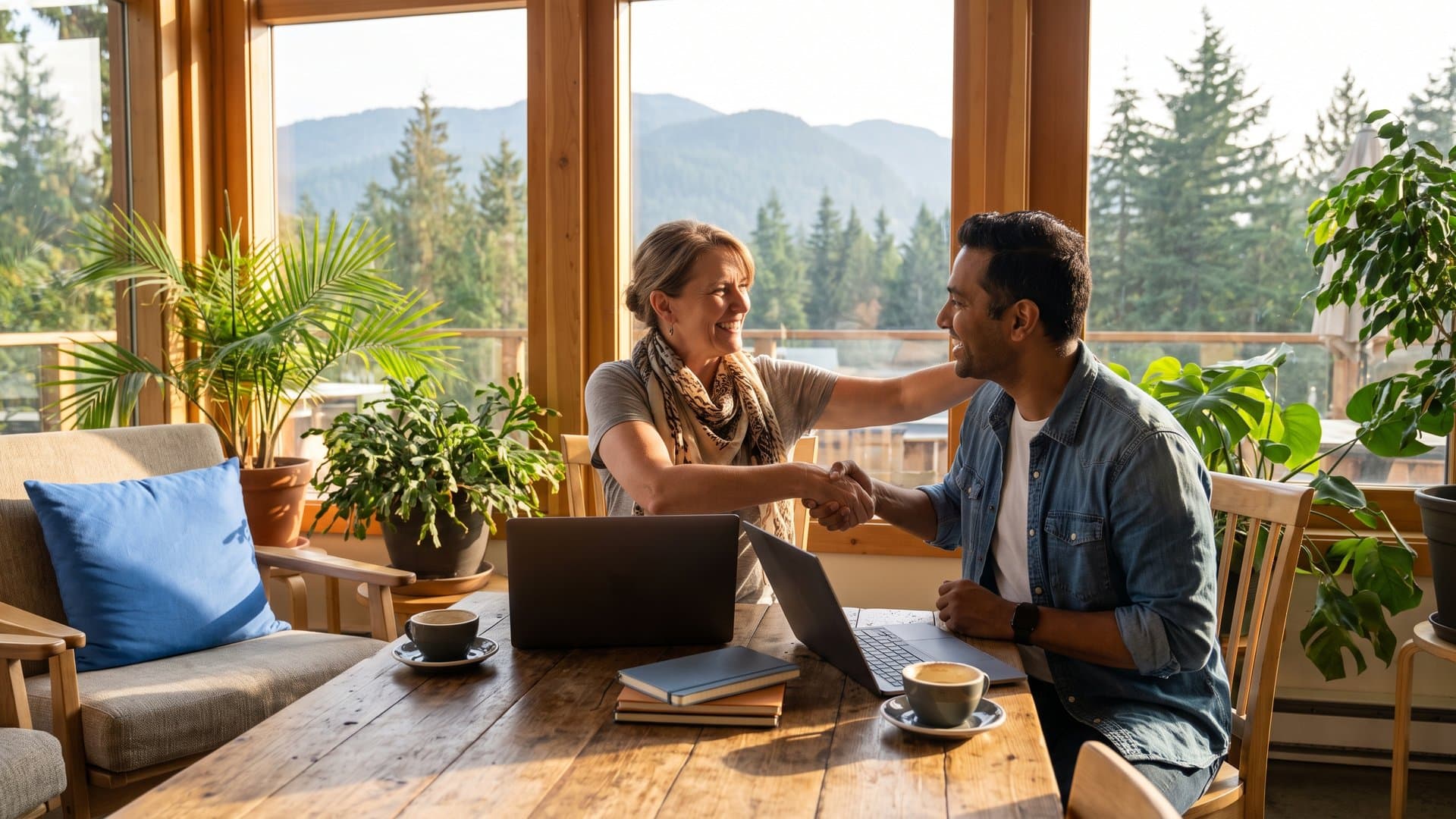 Two small business owners shaking hands in a co-working space