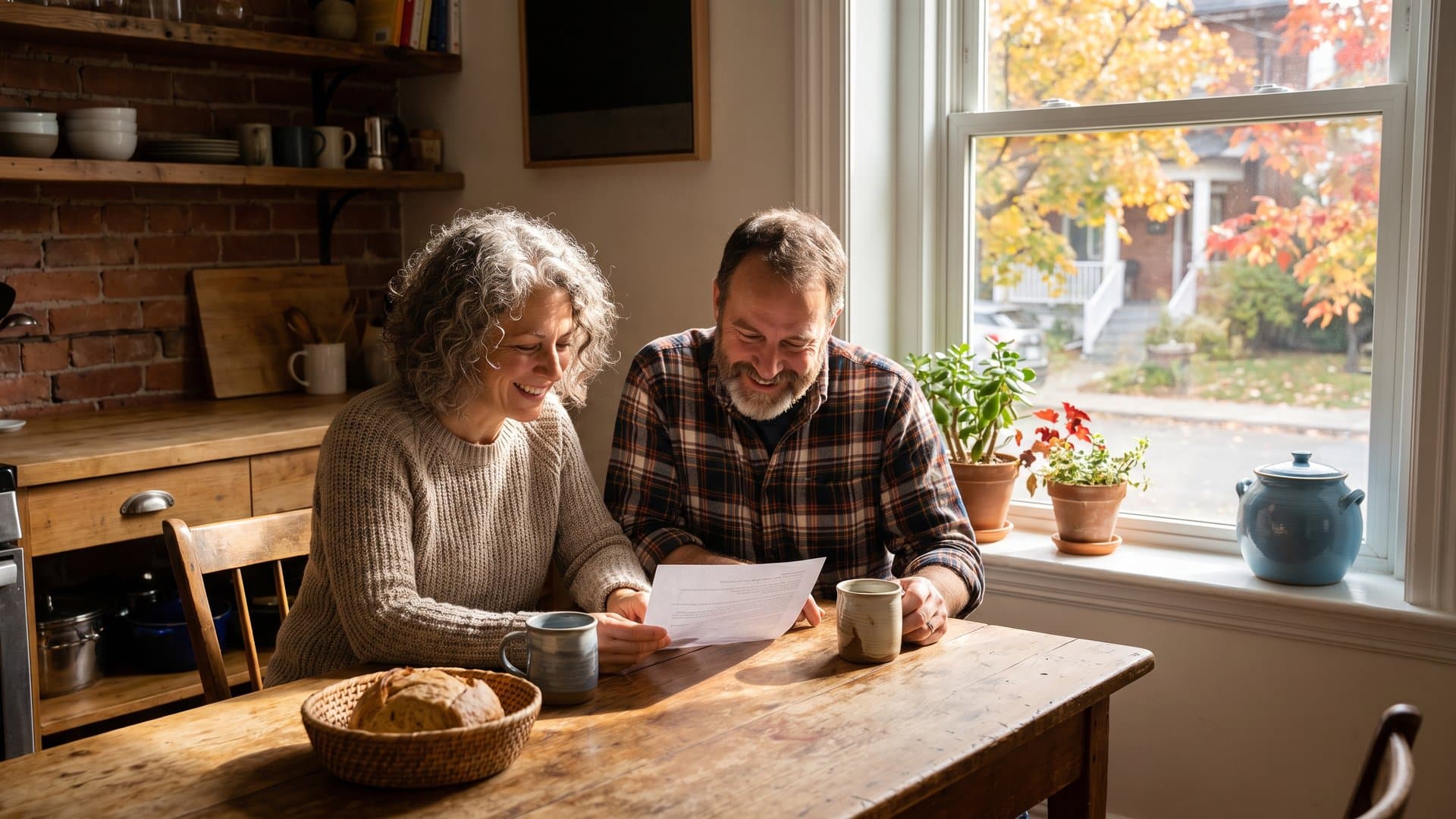 A couple who run a small bakery reviewing a simple plan over coffee