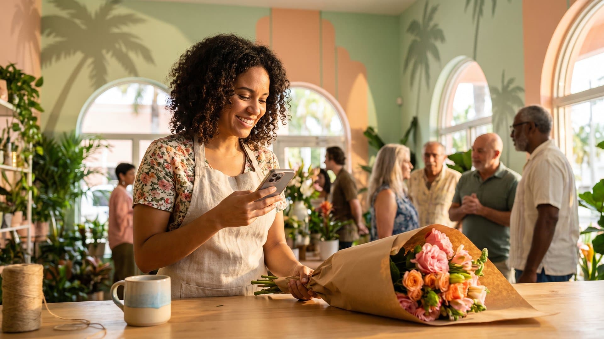 A florist replying to a customer message while wrapping a bouquet
