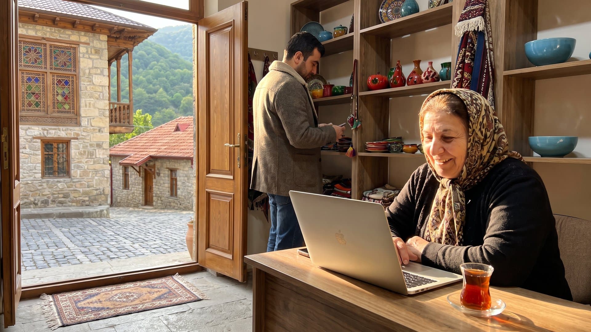 Kiçik dükanın sahibi piştaxtadakı noutbuka baxıb gülümsəyir