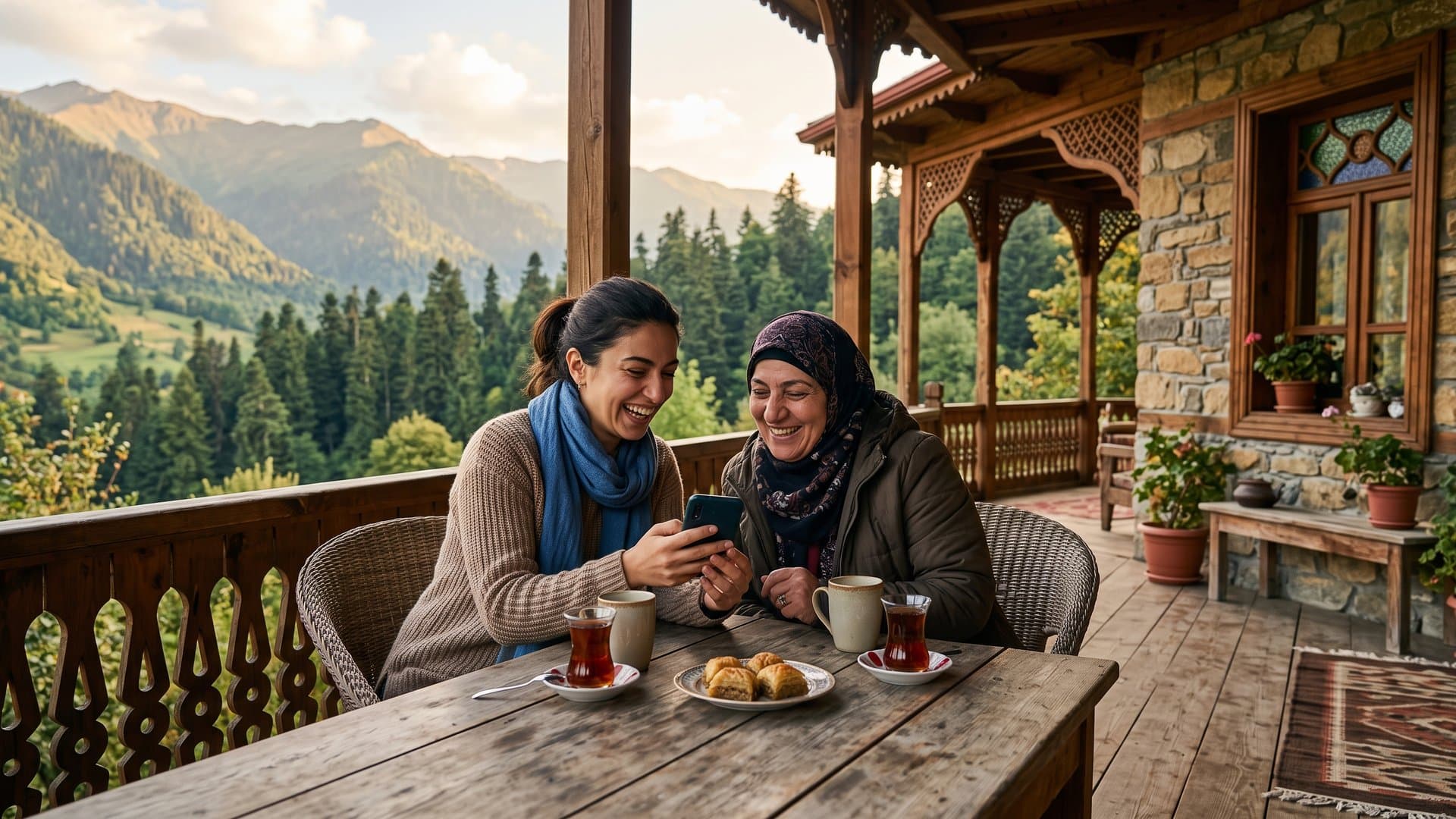 Biznes sahibi iki rəfiqə kafe terrasında çay içərək söhbət edir