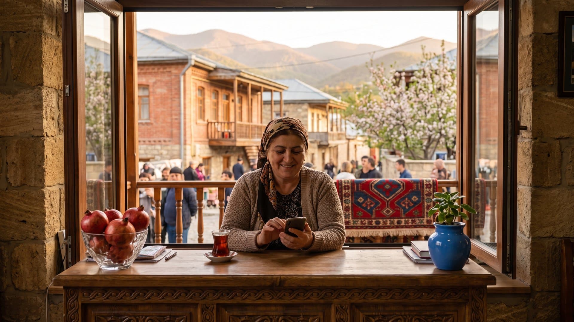 Qonaq evinin sahibi telefonda qonaqlara cavab yazır