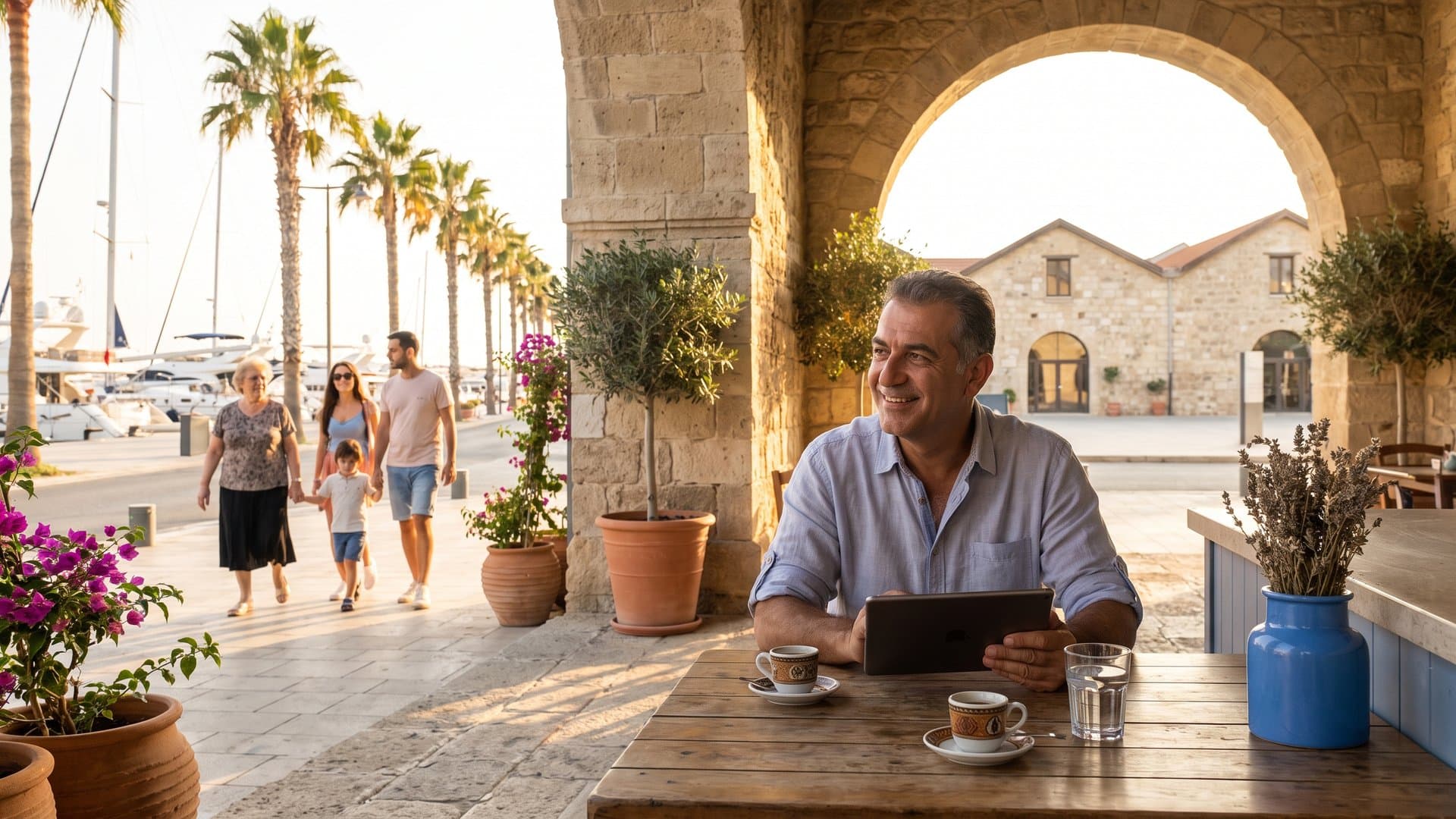 Επιχειρηματίας συγκρίνει δύο επιλογές σε ένα tablet σε καφέ
