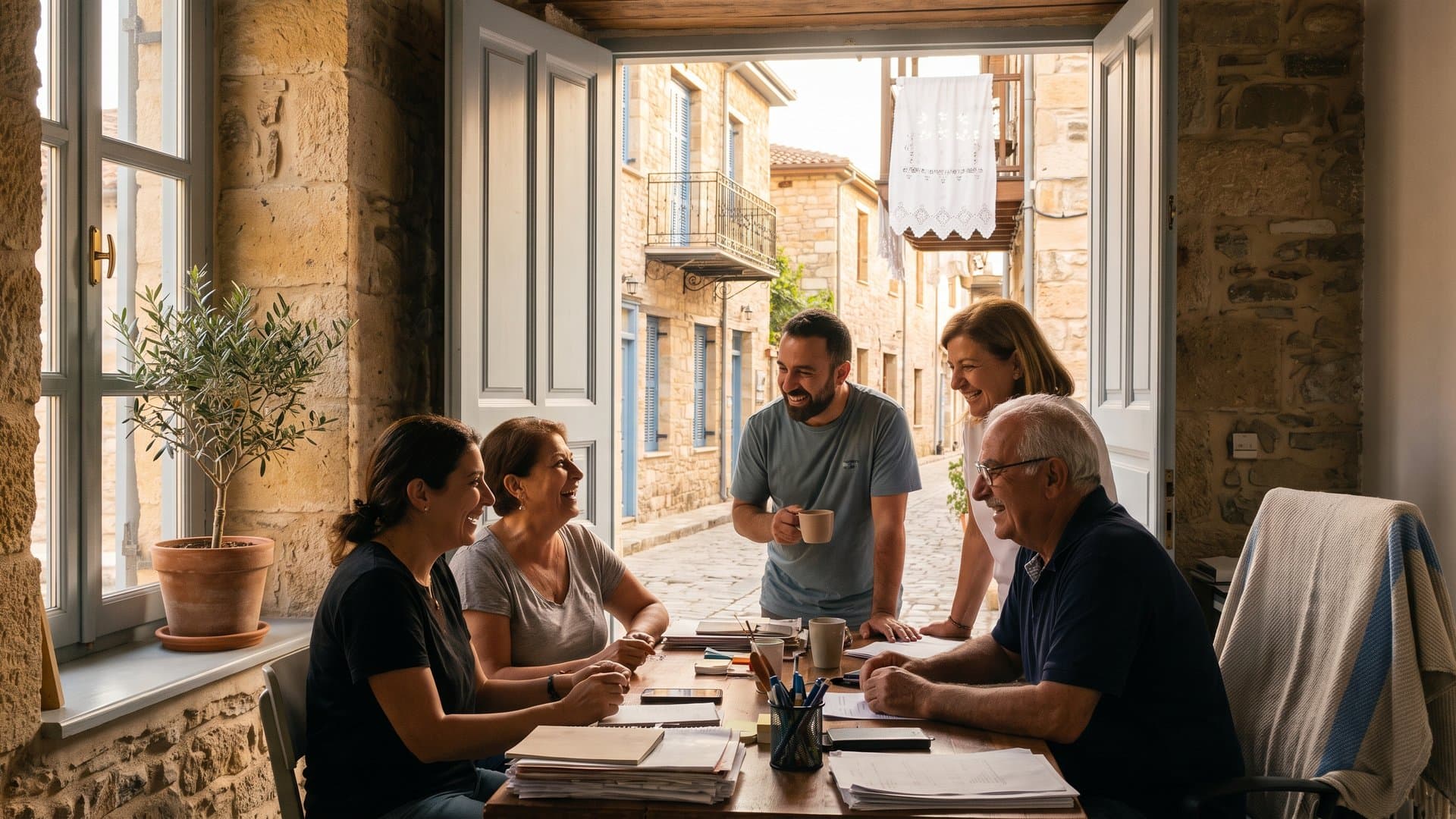 Μια μικρή, φιλική ομάδα γελά γύρω από ένα γραφείο σε φωτεινό χώρο