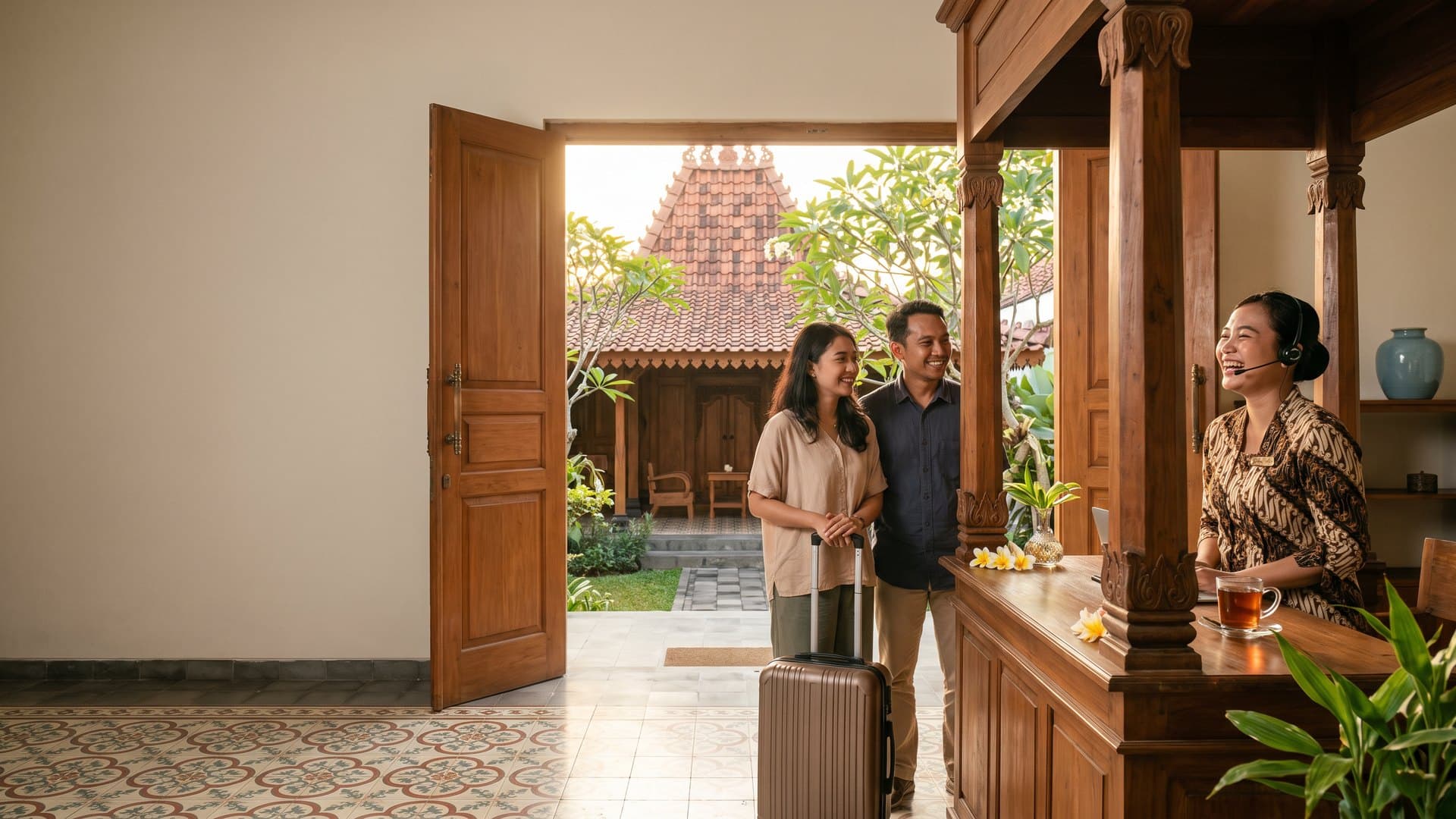 Resepsionis tersenyum menerima telepon di meja kayu jati berukir sebuah guesthouse keluarga di rumah Jawa di Yogyakarta; sepasang tamu dengan koper menunggu, dan di balik pintu terlihat joglo beratap genteng di halaman berpohon kamboja