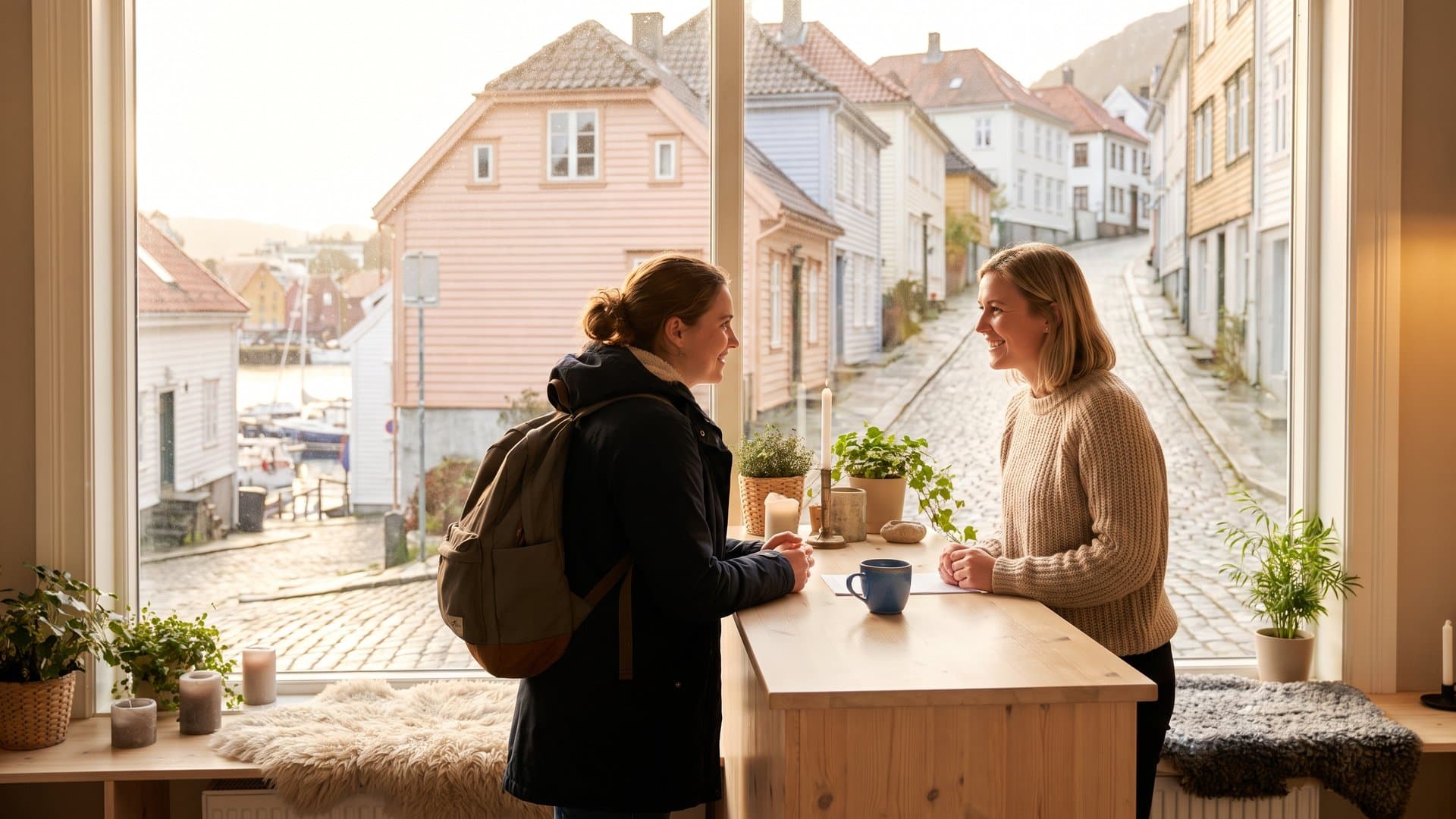 En resepsjonist svarer smilende på et spørsmål fra en kunde