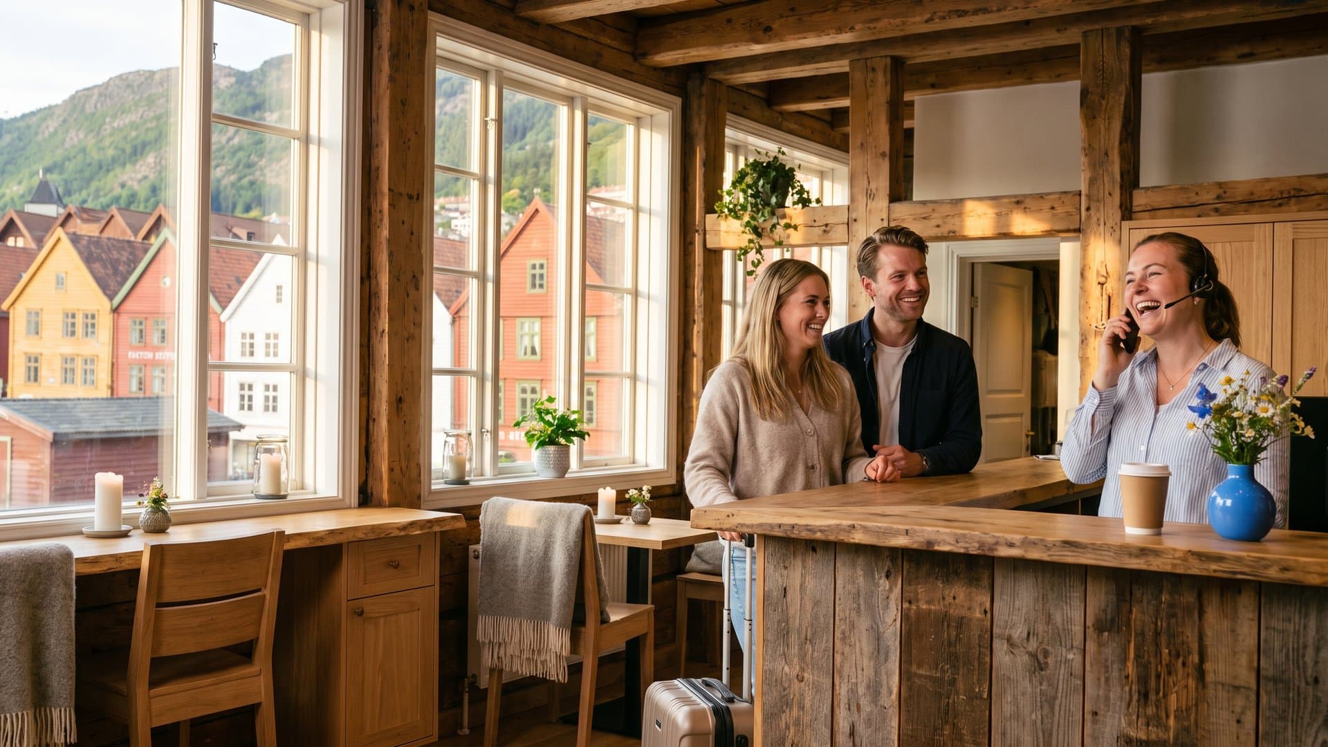 En smilende resepsjonist snakker i telefonen i resepsjonen på et lite familiehotell i et gammelt trehus på Bryggen i Bergen, et par med koffert venter, gjennom vinduene de fargerike trehusene på kaia