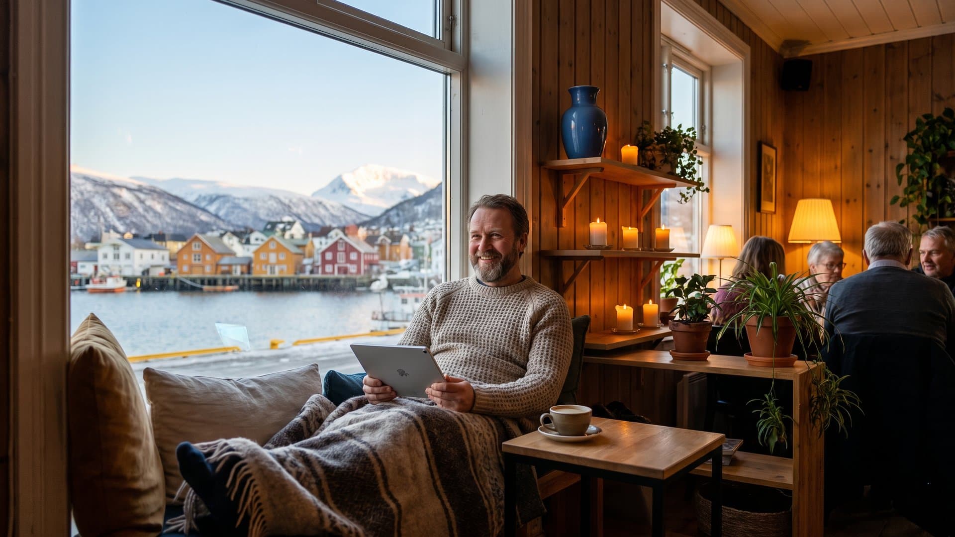 En bedriftseier leser artikler på nettbrettet i vinduskarmen med et ullpledd