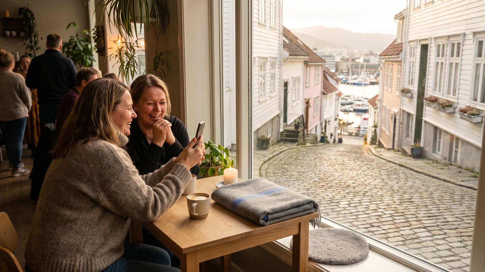 To venner med egen bedrift prater over en kaffe på en koselig kafé