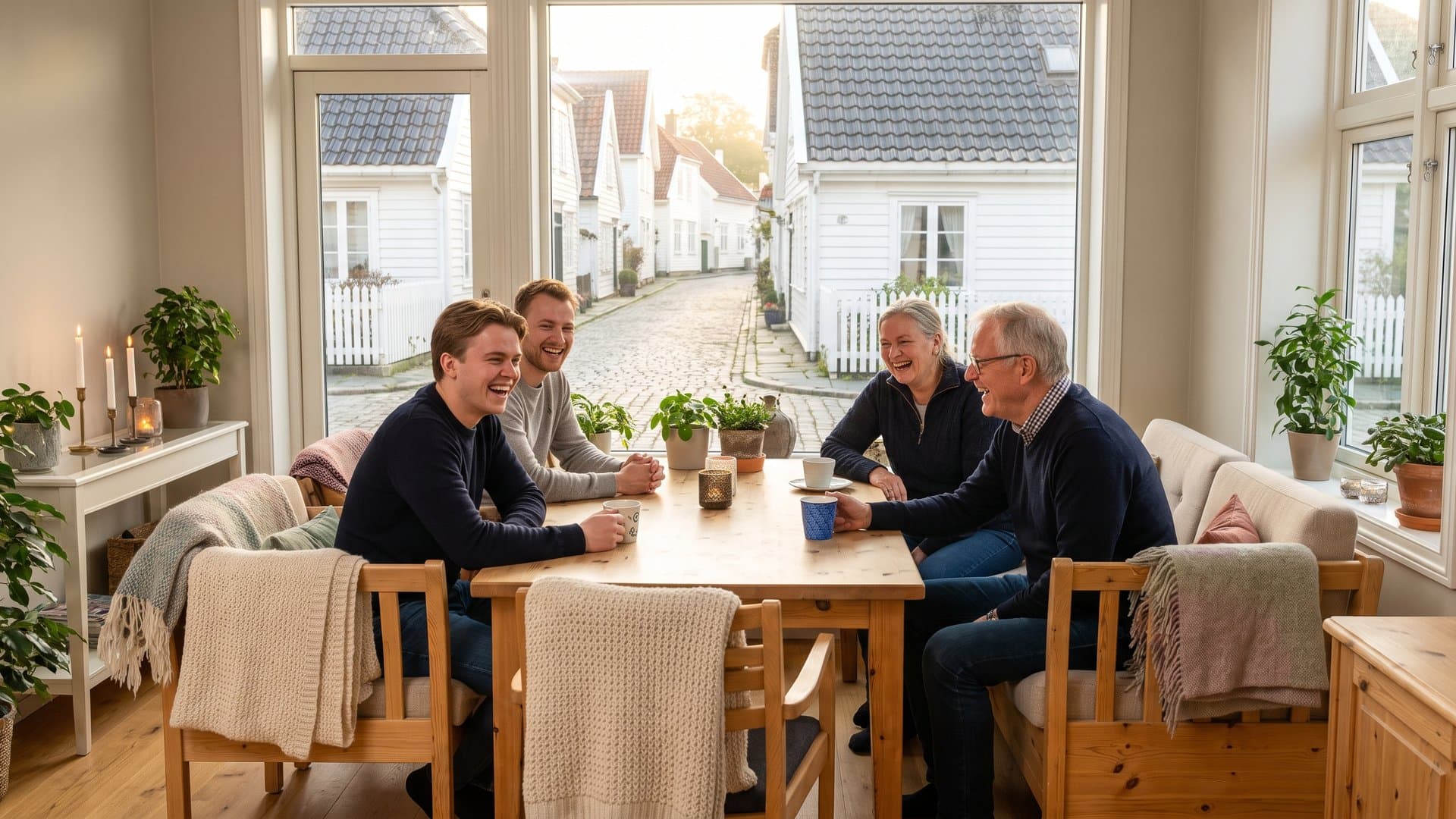 Et lite, vennlig team ler sammen rundt et skrivebord i et lyst kontor