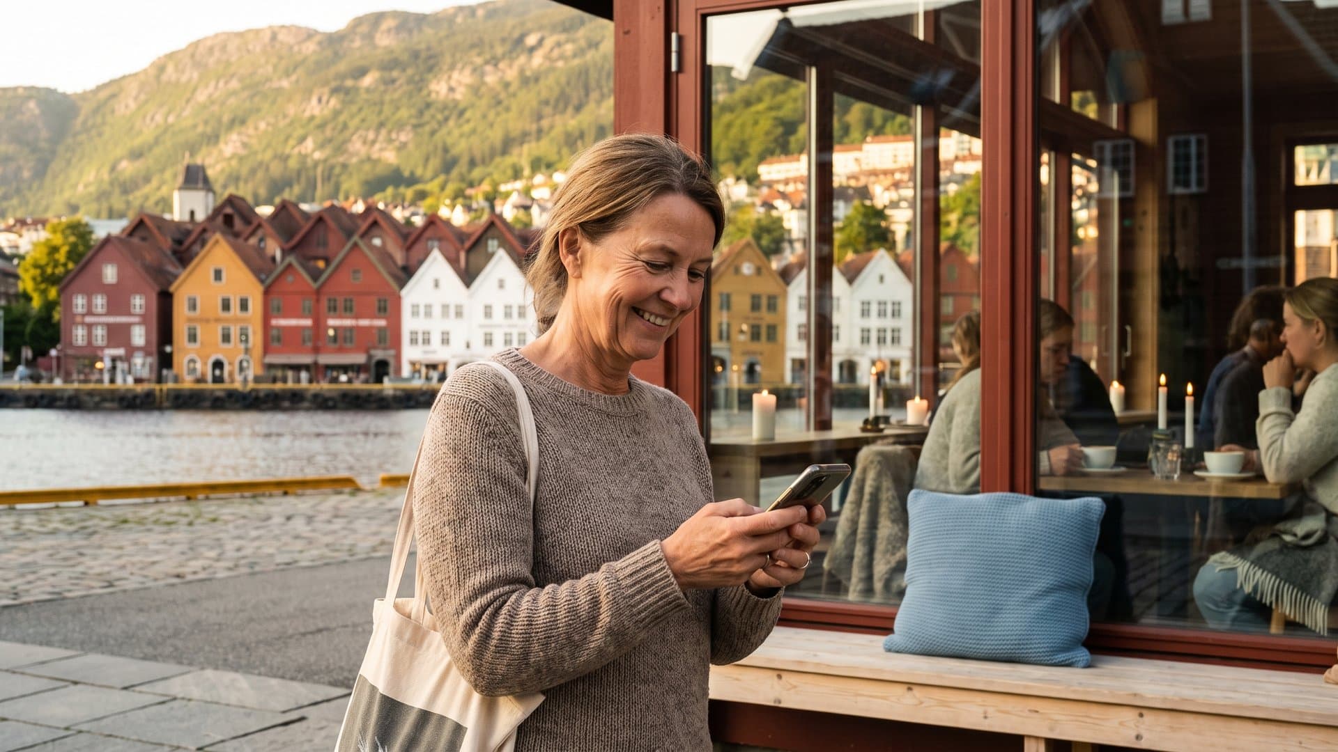 En hotelleier sjekker mobilen på kaia foran fargerike trehus