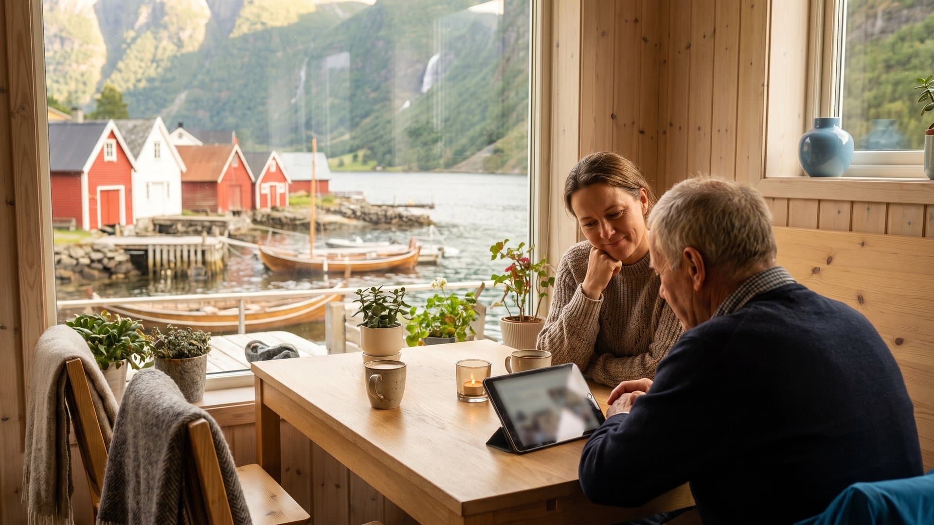 En bedriftseier sammenligner alternativer på et nettbrett på en kafé