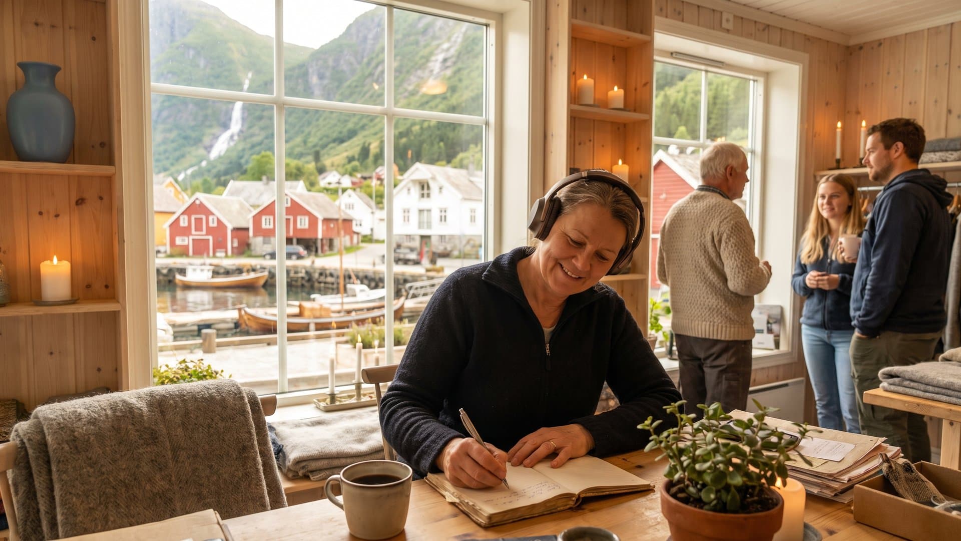 En butikkeier lytter til en samtale med hodetelefoner og tar notater