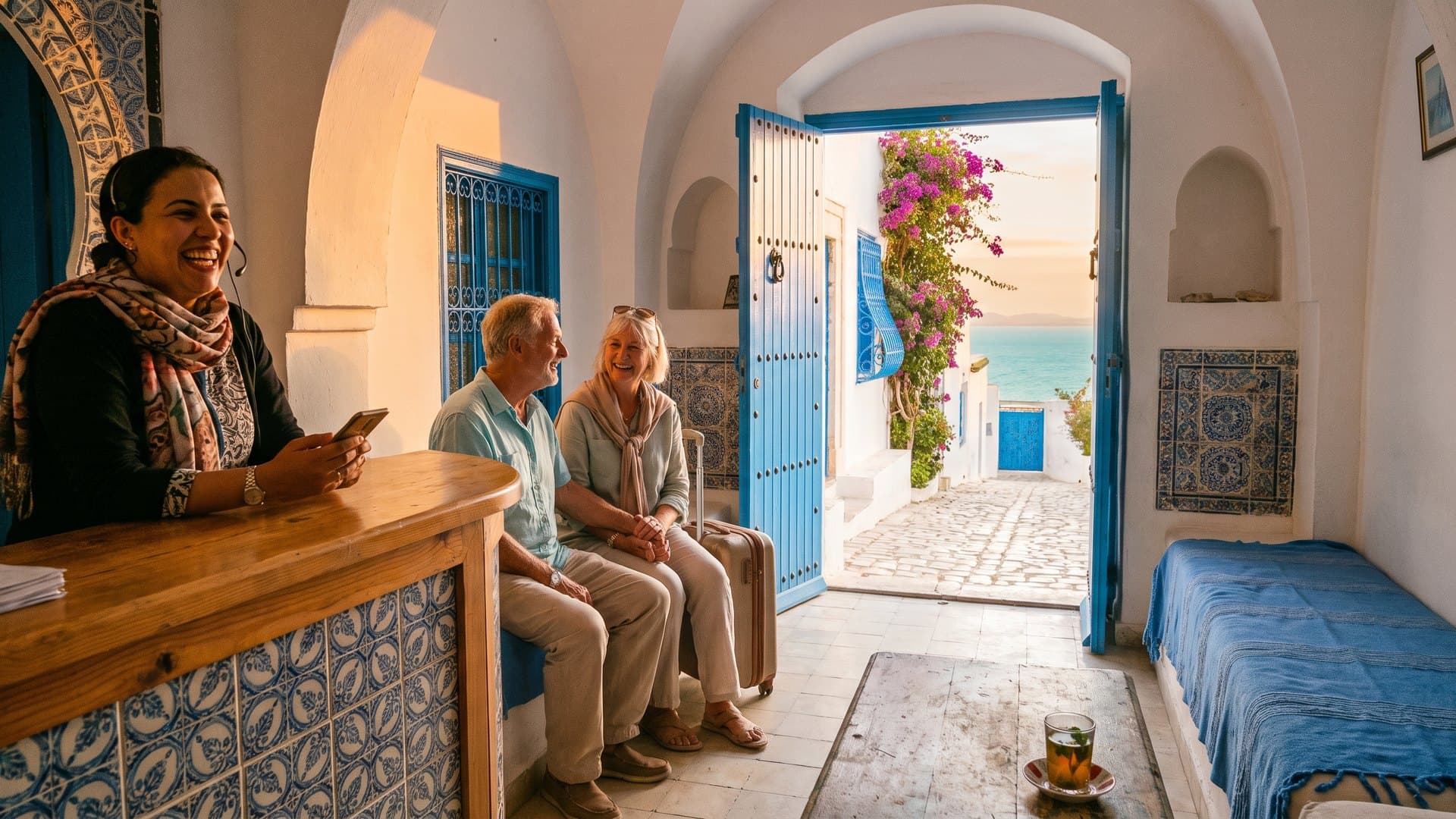 موظفة استقبال تبتسم وهي ترد على الهاتف في دار ضيافة بسيدي بوسعيد، وزوجان يستعدان للإقامة، وخلفهما باب أزرق مفتوح على زقاق أبيض وجهنمية وردية والبحر
